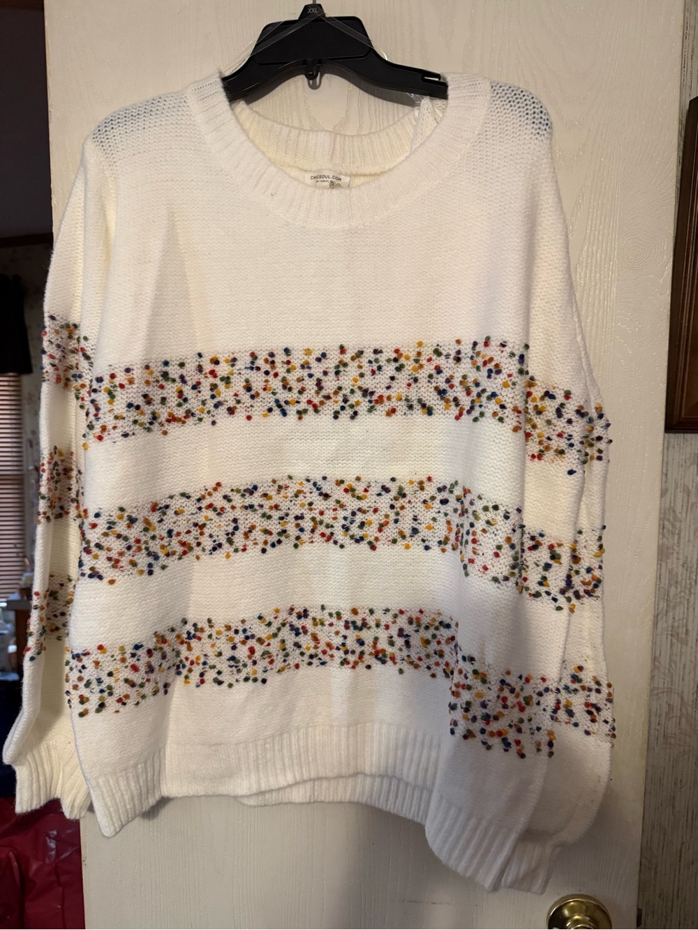 Chic Soul Cream Knit Sweater with Multicolor Pom-Pom Stripes